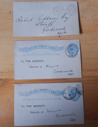 Canada postcards sent to the Sheriff of Huron County during 1880's -90's. Two are addressed to "The...