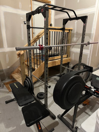 Weight lifting cage, platform, bar, weights, and bench