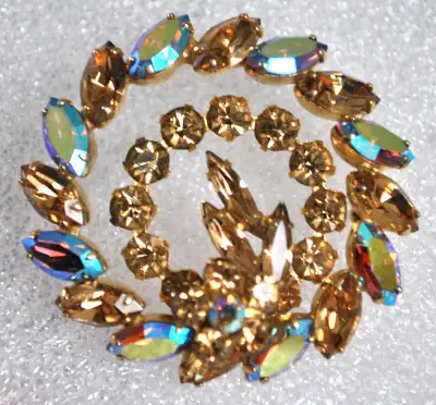 SHERMAN BROOCH - High end quality costume jewellery - Made in Canada - Aurora borealis and golden Sw...