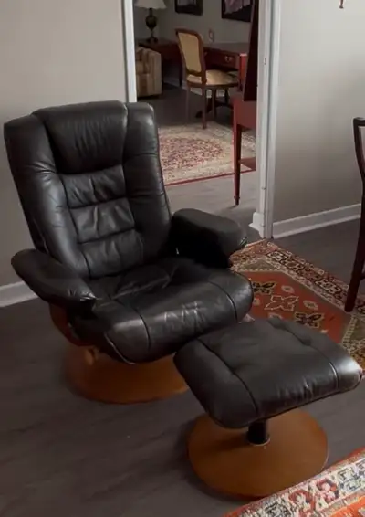 Black Leather Recliner Chair with Ottoman on Wooden Bases, View more
