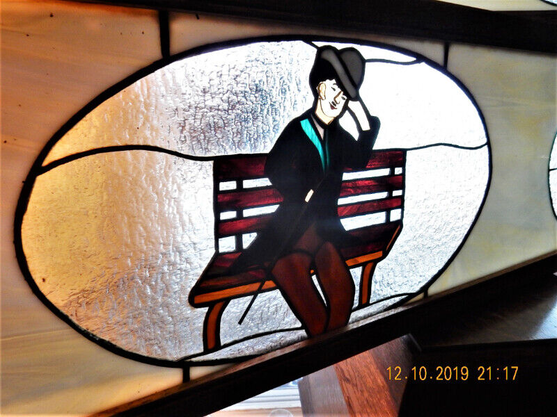 Stained glass window great comedians Gutta Percha Orillia Arts