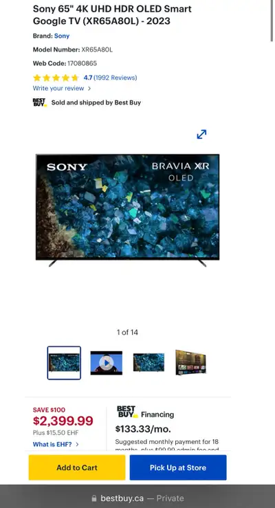 NEW! $2712 Sony A80L 65” 4K UHD HDR OLED Smart Google TV