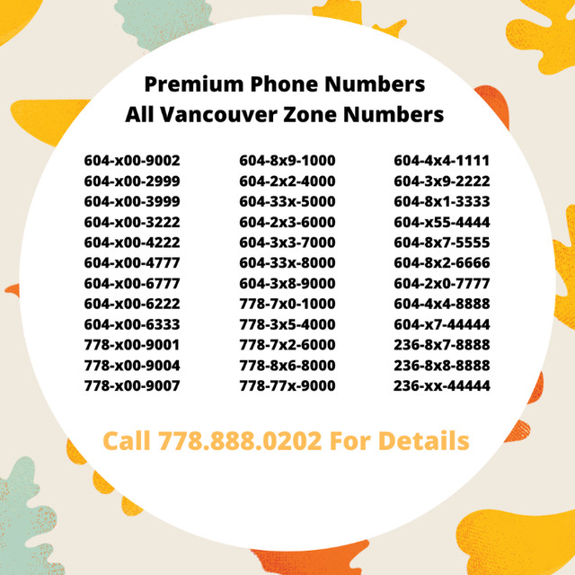 Premium Phone Numbers Call 778.888.0202 for more details in Cell Phone Services in Delta/Surrey/Langley