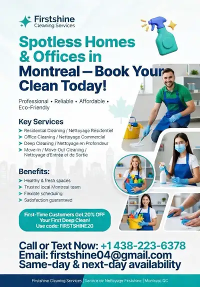 We offer high-quality and reliable cleaning services in Montreal, Longueuil, and surrounding areas....