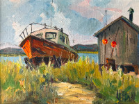 Maurice Lebon Original Oil Painting Fishing Boat in Rural Quebec