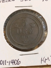 1874 Sweden 5 Öre - Oscar II (small letters)