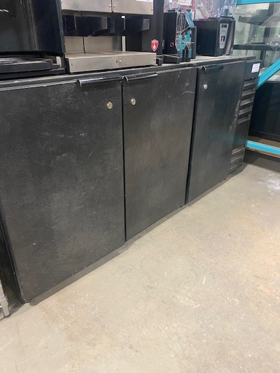 You are viewing a used commercial 72" wide 3 door black back bar cooler. This Beverage Air BB72HC mo...