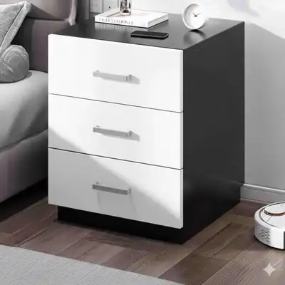Black and white 3-drawer nightstand, View more