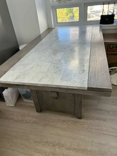 Hardwood and marble top dining table with 4 chairs set, View more