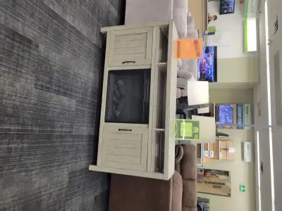 MELISSA ELECTRIC FIREPLACE HEAT AND LIGHT WORK USED, AS IS, NO WARRANTY OR DELIVERY $525 PUS TAXES