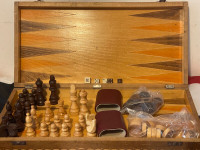 BACKGAMMON, CHESS, CHECKERS, VINTAGE WOODEN BOARD,