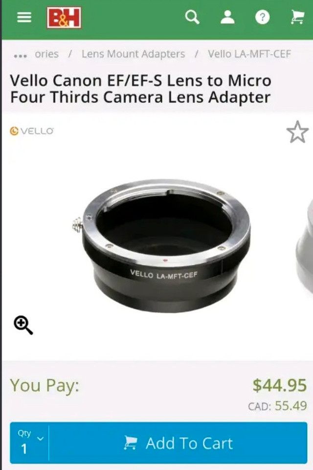 Vello Lens Adapter Canon lens to Micro 4/3 in Cameras & Camcorders in Mississauga / Peel Region - Image 3