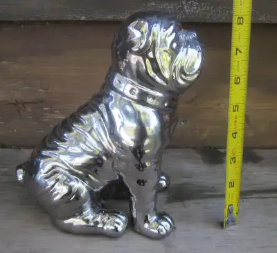 Bulldog Dog Statue Sculpture Porcelain Chrome Colour 8" Tall, View more