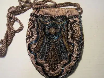 #195 Vtg Art Deco Beaded Satin Drawstring Purse/ Handbag, View more