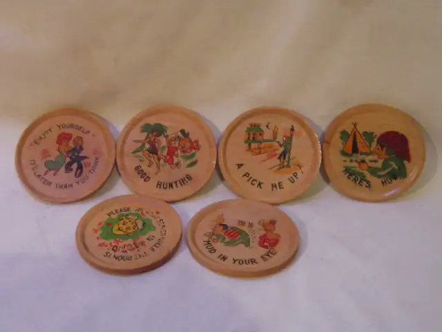 Vintage ~ Wooden ~ Joke Coasters ~ Set of 6 #5862863258209410121