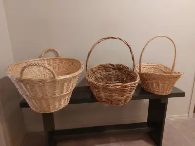 3 Woven Wicker Baskets – Very Good Condition, View more