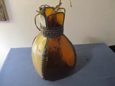 VINTAGE TIFFANY STYLE HANGING LAMP FIXTURE-AMBER/WHITE-UNIQUE!, View more