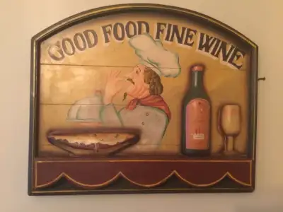 Vintage 3D Chef Wall Hanging Sign plaque “Good Food Fine Wine” kitchen/restaurant decor. 23.5”w x 19...
