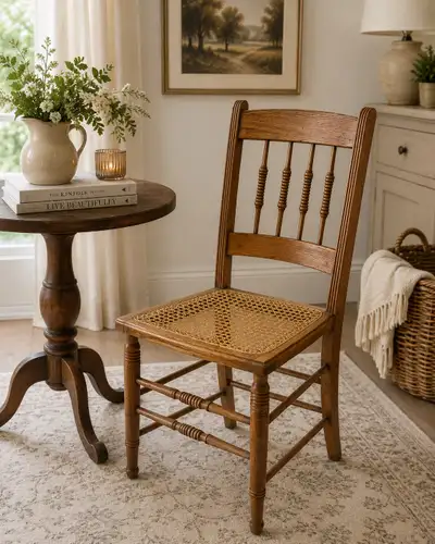 lovely antique spindle back & cane chair , View more
