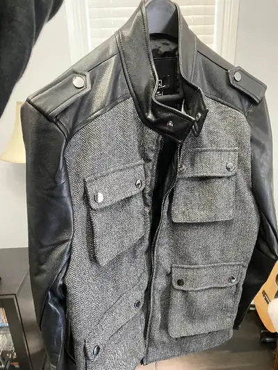 New Michael Strahan Grey/Black Faux Leather Jacket: Size Small, View more