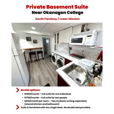 Private Basement Suite – Near Okanagan College South Pandosy / Lower Mission Please read the entire...
