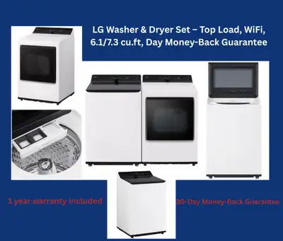 LG Washer & Dryer Set – Top Load, WiFi, 6.1/7.3 cu.ft, Day Money, View more