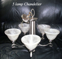 Chandelier 5 lamps, milk glass shades, working ,ready to install