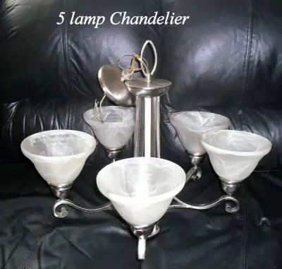 Chandelier 5 lamps, milk glass shades, working ,ready to install, View more