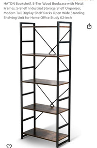 Bookshelf, 5-Tier Wood Bookcase with Metal Frames