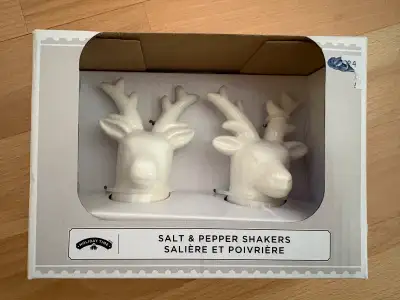 White Ceramic Reindeer Head with Antlers Salt & Pepper Shakers , View more