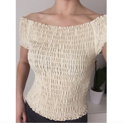 (Size L) Ruched Stretchy Off Shoulder Beige Women's Top, View more