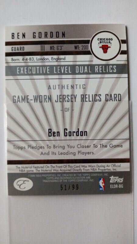 2006-07 Bowman Elevation Executive Level Dual Relics Ben Gordon in Arts & Collectibles in St. Catharines - Image 3