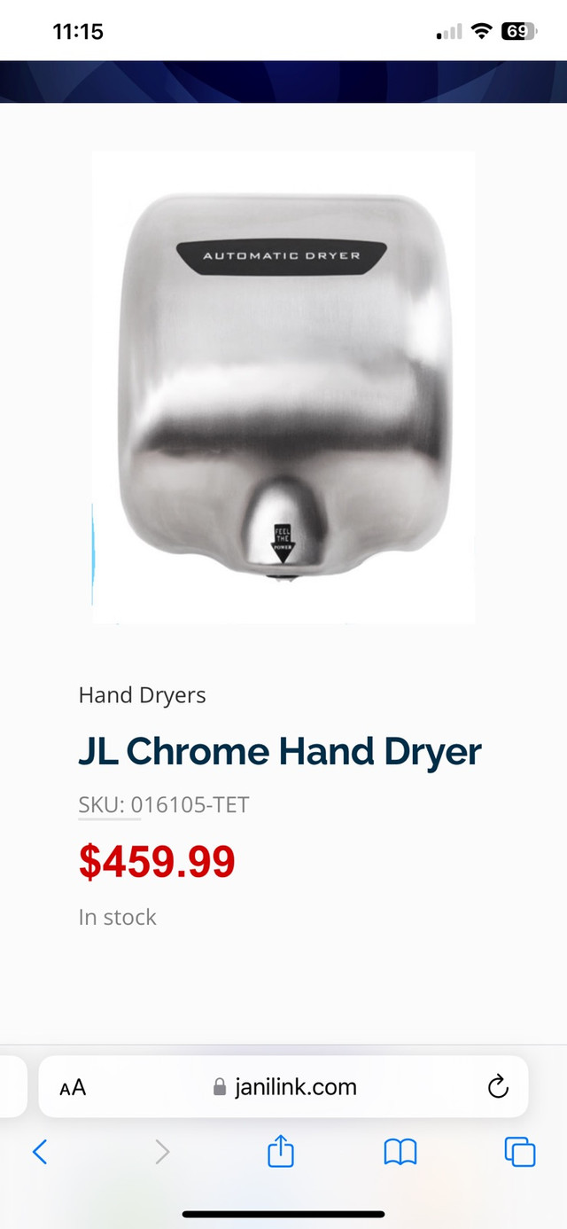 JL CHROME AUTOMATIC HAND DRYER in Washers & Dryers in Kitchener / Waterloo