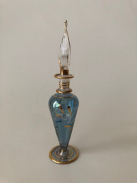 Vintage Egyptian Hand Blown Blue Etched Glass Gold Trim Perfume