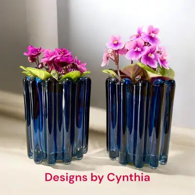 Set of Ashland brand clear dark blue glass indoor pots for includes 2 amazing live African Violet pl...
