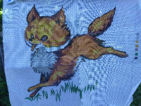 Red fox needle point canvas only 19X19" vintage
