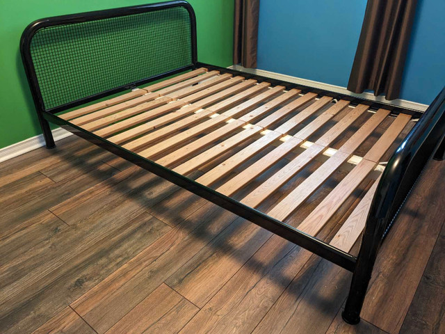 85 O.B.O-Double size bed frame, metal, + side nightstand. in Beds & Mattresses in Mississauga / Peel Region