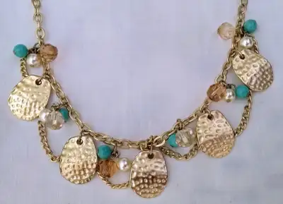 Fashion Necklace with Discs & Beads Turq, faux pearls, View more