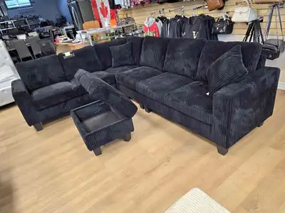 Black Corduroy Sectional Sofa with Storage Ottoman, View more