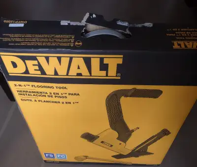 Description: The DEWALT 2-in-1 Pneumatic Flooring Tool drives 15.5-Gauge staples and 16-Gauge "L" cl...