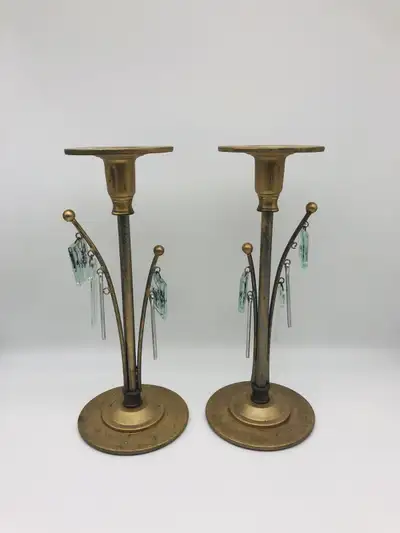 Metal candle holders with blown glass hangings, View more