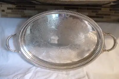 Birks Primrose Silver Plate Oval Galley Tray with Gadroon edge and reticulated side. Ornate, footed,...