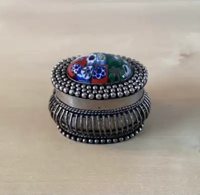 VTG Glass Millefiori & Silver Toned Metal Pillbox Small Trinket , View more