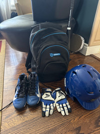 Youth Baseball Bat, helmet, batting gloves, cleats and bag set 
