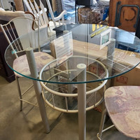 BAR TABLE - ROUND - GLASS - METAL - 2 SWIVEL BAR CHAIRS