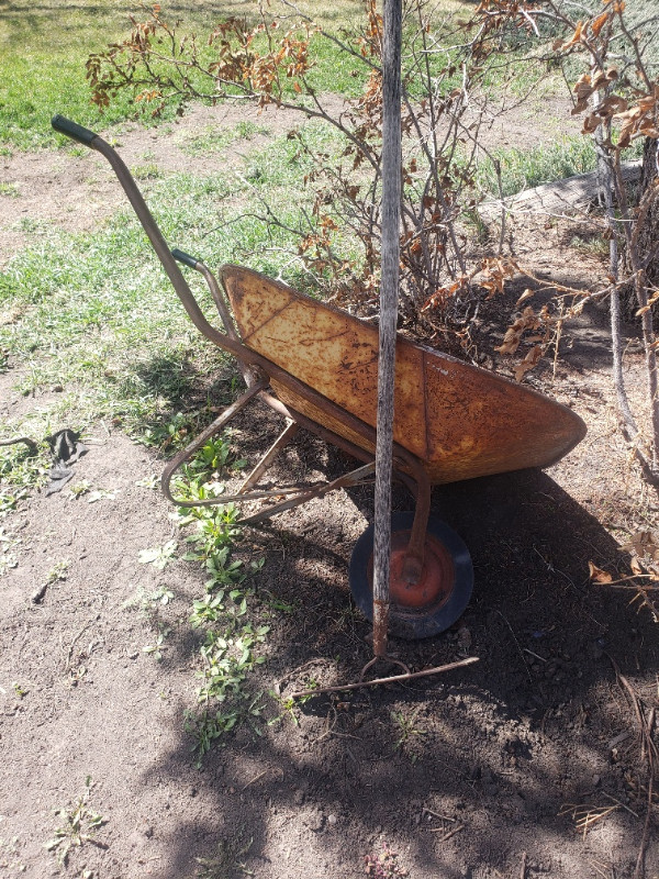 Yard Art - vintage wheel barrow x rake in Outdoor Tools & Storage in Calgary