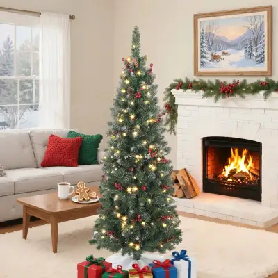 5 ft Pencil Prelit Christmas Tree with LED Light, Silver Glitter, View more
