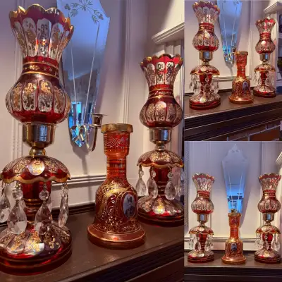 19th Century; 3 pieces Bohemian Glass Hurricane Lustre Chandelier & Vase Antique (19th Century)Pair...