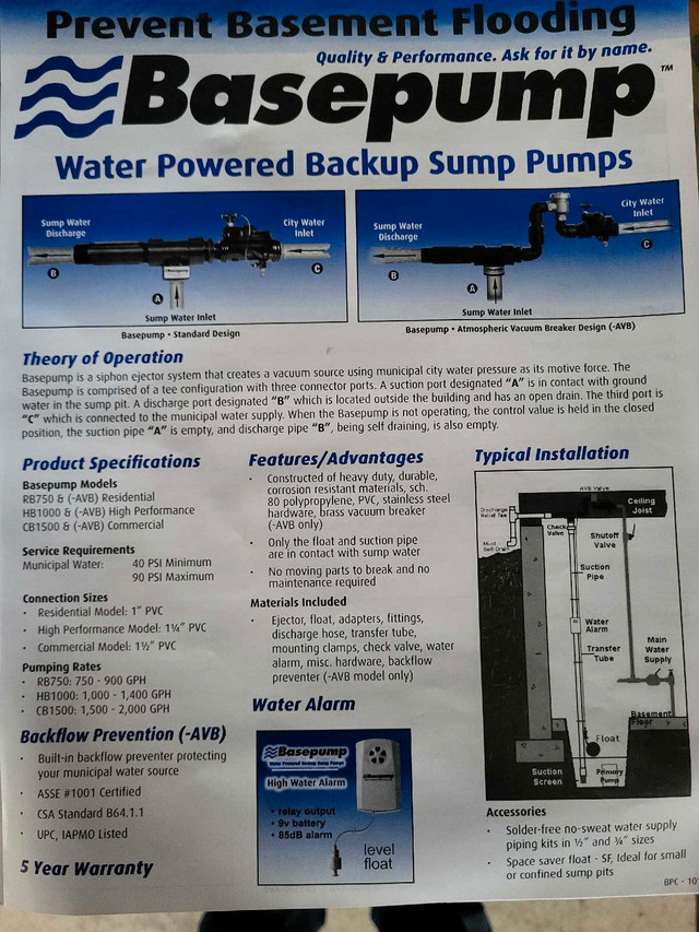 Back up sump pump system in Plumbing, Sinks, Toilets & Showers in Hamilton - Image 2