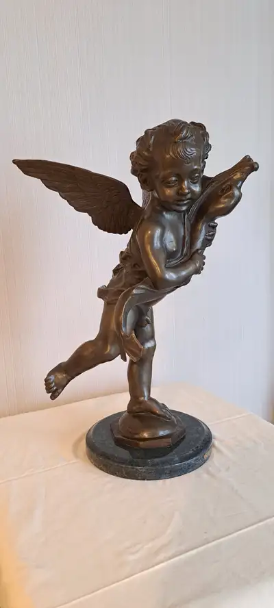 Vintage Bronze sculpture on a marble base ‘’Cherub and Dolphin b, View more
